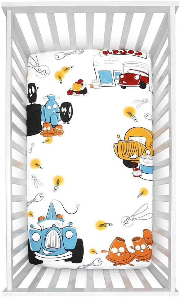 JumpOff Jo - Fitted Crib Sheet, Super Soft 100% Cotton Sheet for Standard Crib Mattresses and Toddler Beds, 28 in. x 52 in., Storytelling Designs - Jo's Garage (White)