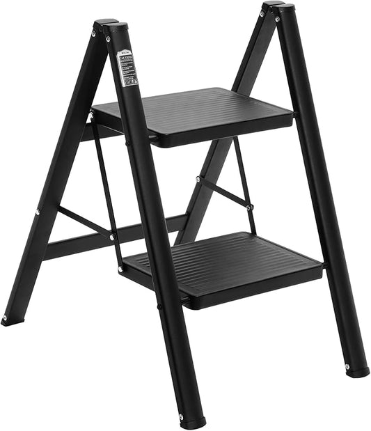 BOCOM 2 Step Ladder, Lightweight Portable Foldable Collapsible Folding Sturdy Iron Metal Step Stool with Anti-Slip Wide Pedal, Heavy Duty 330 lbs Capacity, for Home, Kitchen, Closet, Adults, Black