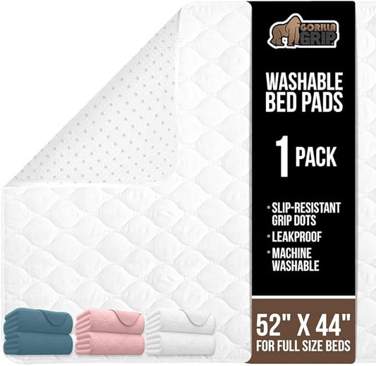 GORILLA GRIP Washable Underpads, Waterproof Reusable Heavy Absorbency Incontinence Bed Pads, Leak Proof Toddler Mattress Pad, 52x44 Slip Resistant Protector for Bedwetting, Adults and Kids, White