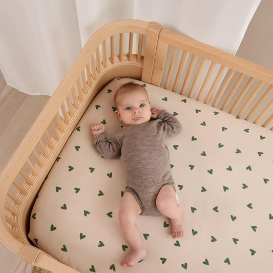Crib Sheets – Organic Cotton Muslin Fitted Crib Sheet – Standard Size for Baby Boy and Baby Girl 28" x 52" Ultra-Soft and Breathable. (Green Hearts)
