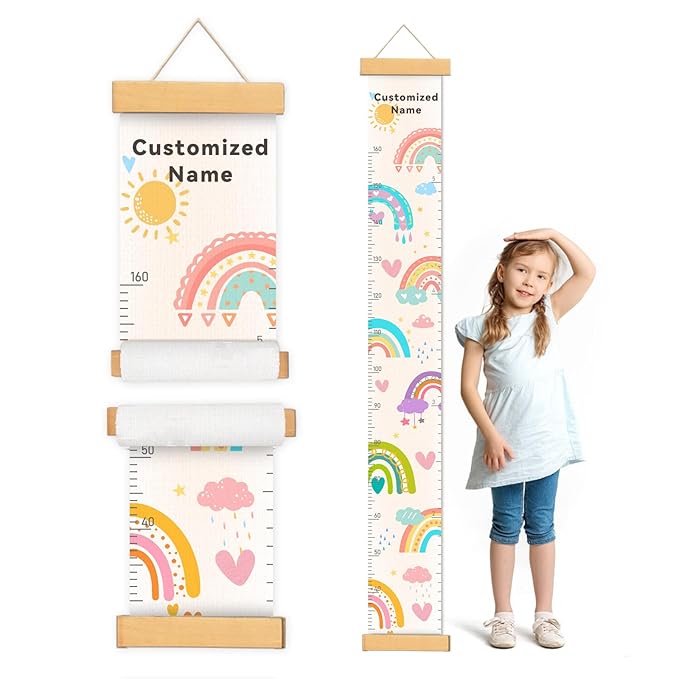 Woodemon Personalized Name Height Chart for Kids, Rainbow Height Measurement for Wall, Child Height Measure Wall Chart Bedroom Nursery Wall Decoration, Playroom Essentials, Children's Day Gifts