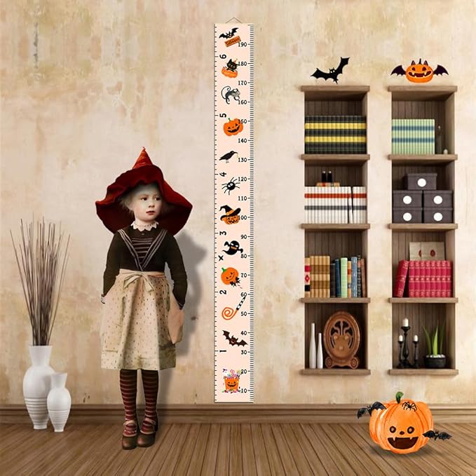 Halloween Baby Height Growth Chart - Canvas Height Chart for Kids Baby Child Toddler Boys Girls Growth Chart for Wall Room Nursery Decor Hangable and Removable Measuring Wall Ruler (A, Beige Wood)