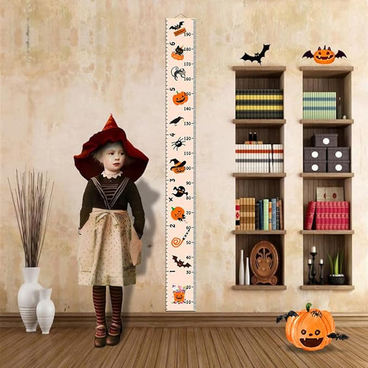 Halloween Baby Height Growth Chart - Canvas Height Chart for Kids Baby Child Toddler Boys Girls Growth Chart for Wall Room Nursery Decor Hangable and Removable Measuring Wall Ruler (A, Beige Wood)