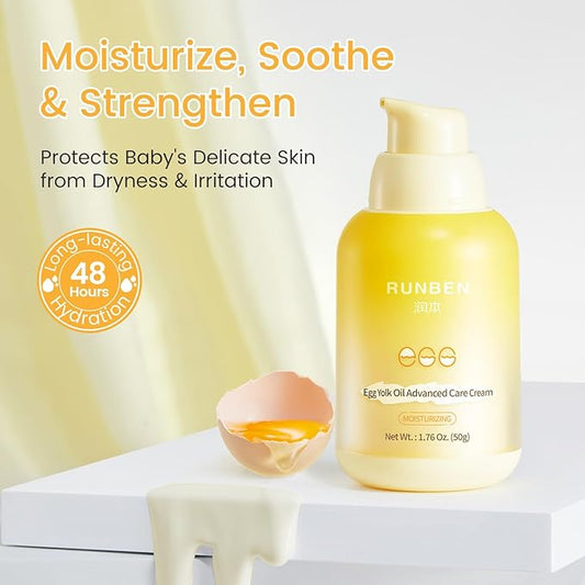 RUNBEN Nourishing Baby Face Cream with Egg Yolk Oil, 48H Deep Moisturizing, Advanced Repair Barrier Cream, Relieves Kids Dry & Sensitive Skin, Non-Toxic & Fragrance-Free, 1.76 oz