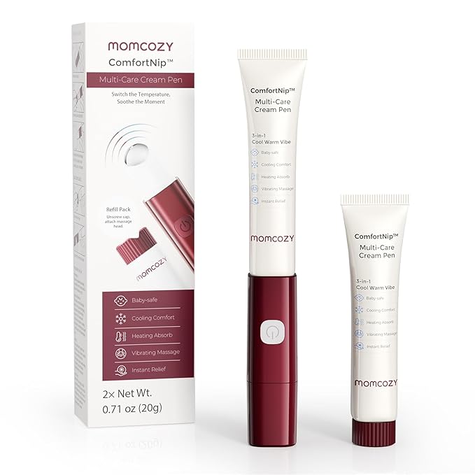 Momcozy ComfortNip™ 3-in-1 Multi-Care Cream Pen Kit, Heat/Cool/Vibe Breadfeeding Pen + Nipple Cream Refills Combo, Rechargeable Touch-Free 316 Steel Head for Nipple Pain Relief