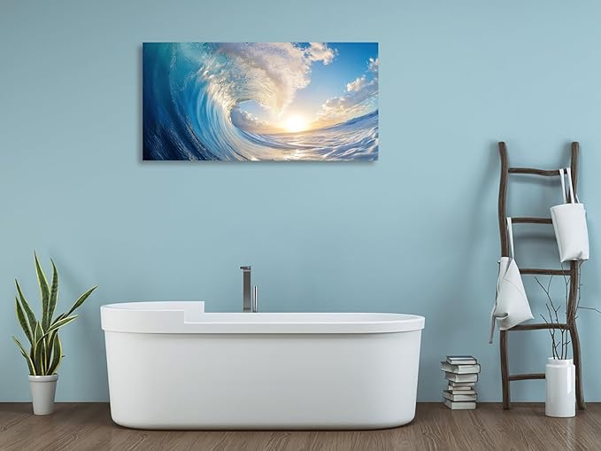 KUNHAAH Wall Art Canvas Painting Ocean Sunset Wave Clear Water 1 Piece Huge Waves Picture Poster Print Framed and Stretched Ready to Hang for Living Room Bedroom
