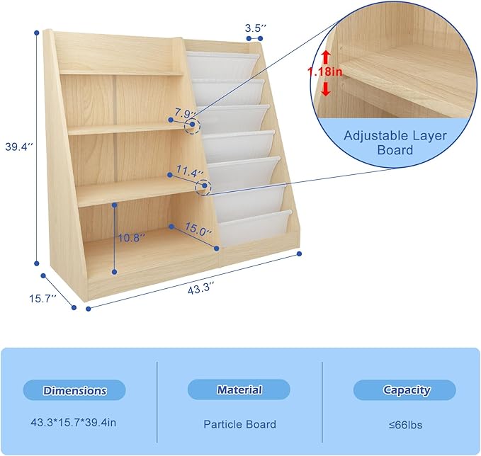 HedoAjim 4 Tier Kids Bookshelf Baby Toddler Book Rack Children Bookcase Toy Storage Organizer with 6 Sling Adjustable Shelf for Nursery Playroom Classroom Library Bedroom Natural Wood