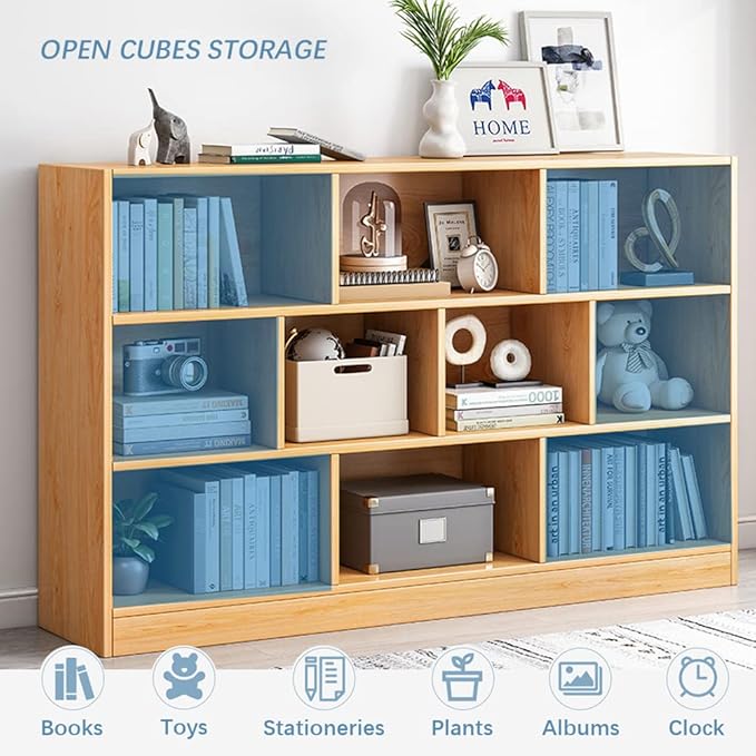 IOTXY Open Shelf Low Bookcase - Wooden 3-Tier Floor Standing Display Cabinet Organizer with Base, 8 Cubes Short Horizontal Bookshelf in Warm White