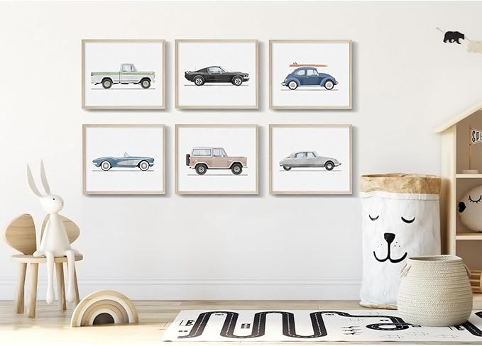 Blue Car Wall Art Decor Boys Room Wall Art Vintage Cars Canvas Poster Pictures Toddler Kids Room Prints Watercolor Vehicle Artwork Painting for Boys Bedroom Nursery 12x16 Inch Wood Framed Set of 6
