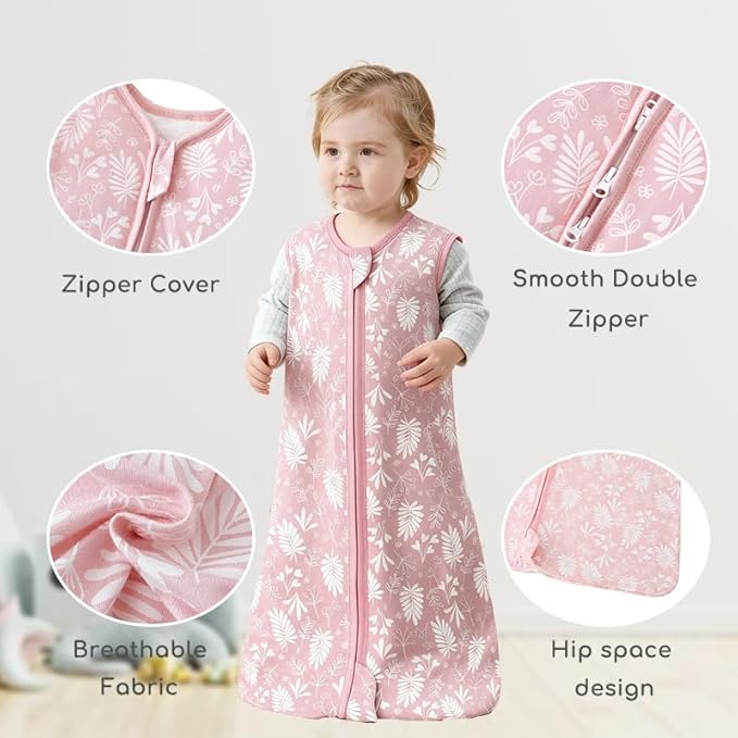 Baby Sleep Sack 12-18 Months 0.5 TOG, 100% Cotton Baby Wearable Blanket with 2-Way Zipper, Infant Toddler Sleeping Sack for Newborn Boys and Girls, Flowers & Leaves