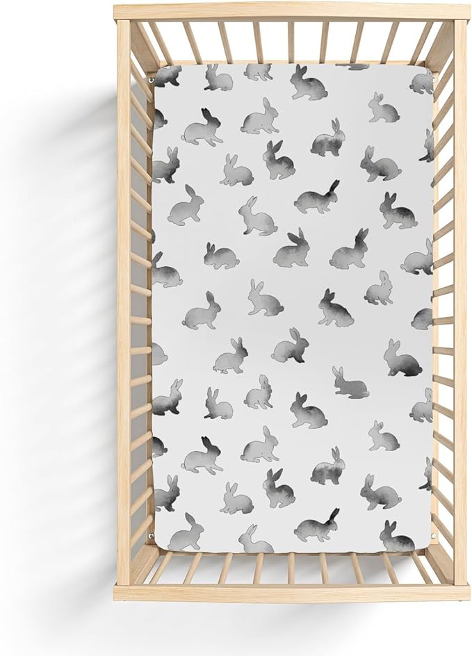 Vintage Gray Rabbit Baby Crib Sheets for Boy Girl 28"x52" Retro Bunny Soft Stretchy Fitted Crib Mattress Cover Spring Garden Animal Nursery Baby Sheet for Standard Crib & Toddler Mattress Pad