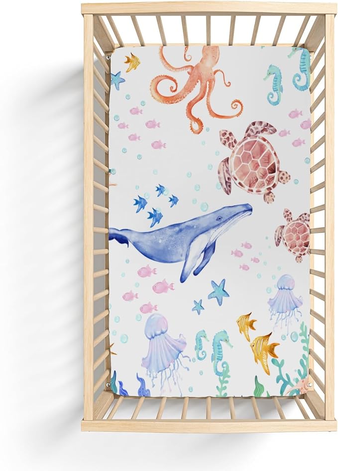 Colorful Ocean Animals Baby Crib Sheets for Boy Girl 52x28 Whale Turtle Jellyfish Sea Horse Corals Soft Snug Fitted Crib Mattress Cover Marine Animals Baby Sheet for Standard Crib & Toddler Mattress