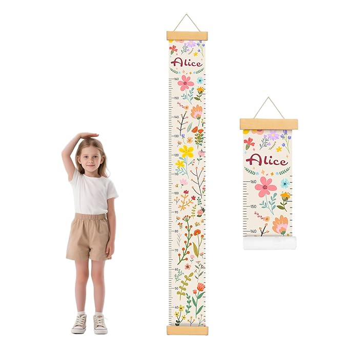Personalized Flowers Growth Chart for Wall Kids, Name Height Chart for Kids, for Nursery & Bedroom, Baby Shower Gift (60.6" x 8.3")
