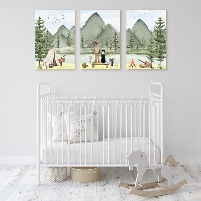 Fishing Nursery Wall Art, Boys With Dog Fishing Wall Decor, Woodland Camping Nursery Decor, Mountain Forest Wall Art, Outdoor Adventure Nature Print for Boy Room Decor, Framed Set of 3, 12"x16"x3