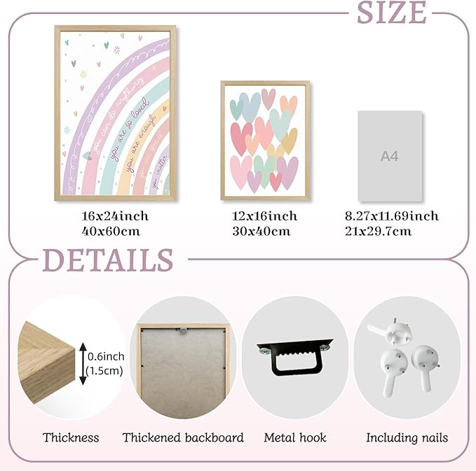 LLEEMPI Pink Heart Sun Rainbow Wall Art Set of 3, Baby Room Wall Decor, Boho Rainbow Nursery Canvas Painting, Classic Minimalist Poster Prints for Bedroom Bathroom Classroom Wood Framed 16x24 Inch