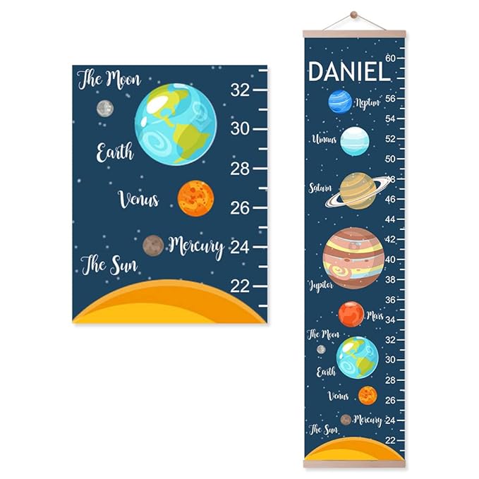 Personalized Name Kids Growth Chart Ruler Flower Dinosaur Growth Ruler Canvas Wall Ruler Oak Solar Woodland Theme Kids Height Chart Baby Wall Growth Chart with Custom Name (Solar)