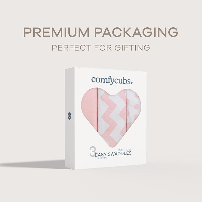 Comfy Cubs Easy Swaddle Blanket, 3 Pack - 100% Cotton Newborn Wrap, Large for 3-6 Months Infants, with Adjustable Velcro, Breathable and Durable Sleep Sack for Babies - Pink