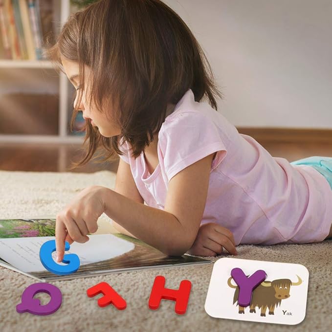 26 Pcs Wooden Letters Card Numbers Alphabets ABC Flash Cards Set Animal Color Cognition Matching Puzzle Game