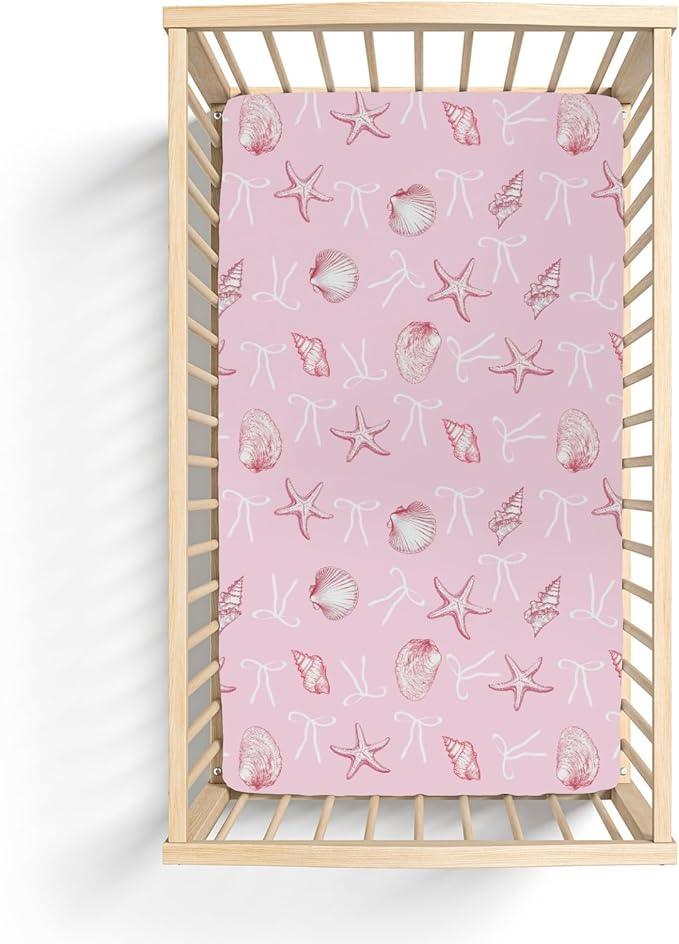 Summer Conches Bows Sea Baby Crib Sheets for Boy Girl 52"x28" Ocean Seashells Beach Soft Snug Fitted Crib Mattress Covers Boho Nautical Life Baby Sheet for Standard Crib and Toddler Bed Mattress Pink