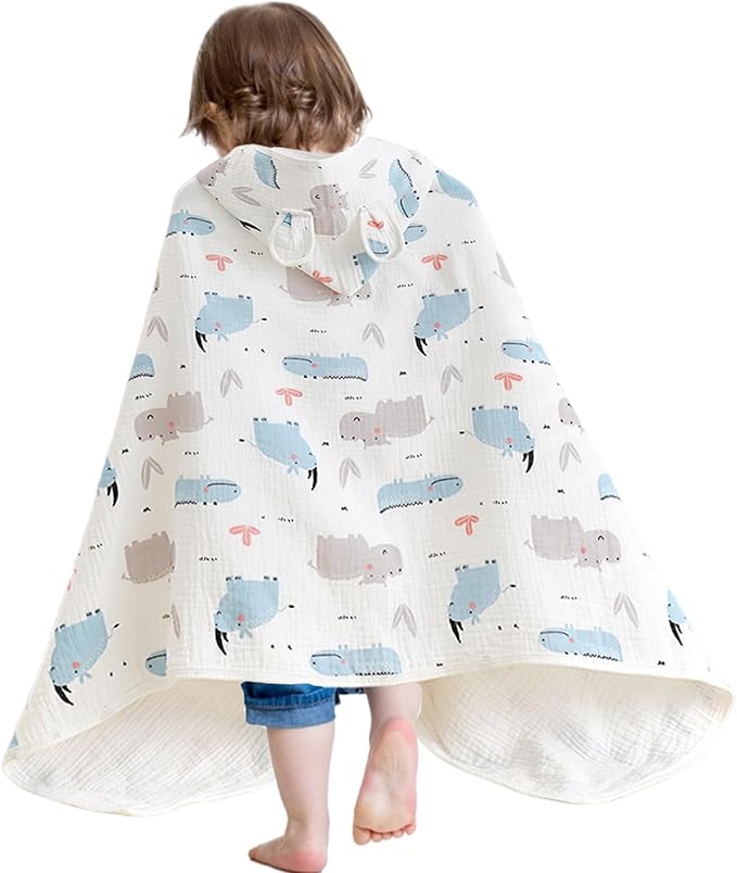 Baby Towel with Hood Thickened Hooded Baby Towel with Hippo & Crocodile Pattern 28x55'' Fast Absorption Hooded with Snap Button for Toddlers of All Ages