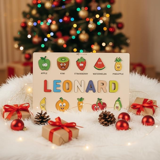 Personalized Name Puzzle for Toddlers 1-3, Customized Baby Girl Gift, Custom Baby Boy Gift, Wooden Name Puzzle for Kids, Custom Baby Stuff, Baby Nursery Room Decor (Fruits - 10 Figures)