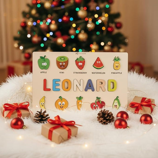 Personalized Name Puzzle for Toddlers 1-3, Customized Baby Girl Gift, Custom Baby Boy Gift, Wooden Name Puzzle for Kids, Custom Baby Stuff, Baby Nursery Room Decor (Fruits - 10 Figures)