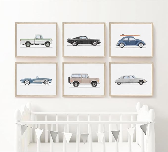 Blue Car Wall Art Decor Boys Room Wall Art Vintage Cars Canvas Poster Pictures Toddler Kids Room Prints Watercolor Vehicle Artwork Painting for Boys Bedroom Nursery 12x16 Inch Wood Framed Set of 6