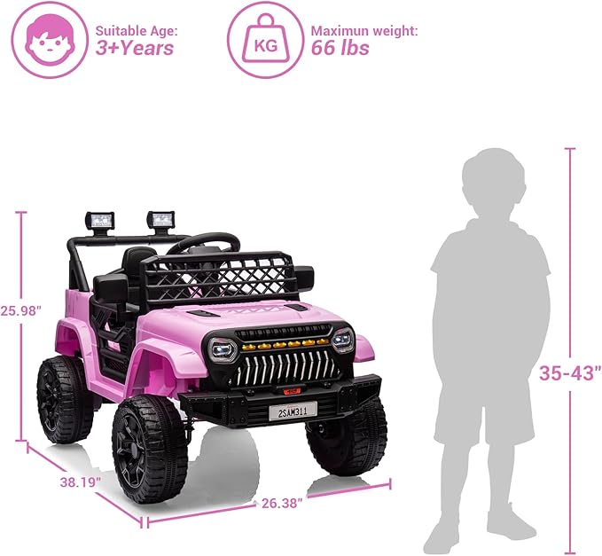 12V Ride On Car for Kids Electric Vehicle Toddlers Battery Powered Truck Car Toy with Remote Control, 4-Wheel Suspension, Battery Display, LED Lights, Music, for Boys Girls, Pink