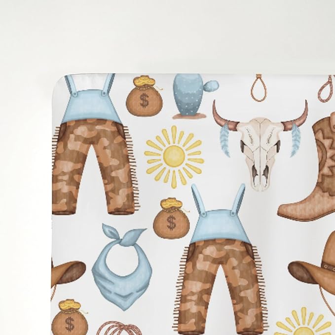 Cute Blue Western Cowboy Baby Crib Sheets for Boy 28"x52" Cowboy Boots Hat Cactus Skull Sun Soft Snug Fitted Crib Mattress Cover Wild West Desert Baby Sheet for Standard Crib & Toddler Mattress