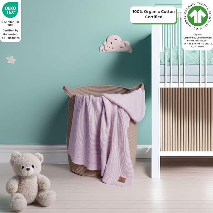 100% Organic Cotton GOTS Certified Baby Knitted Blanket with Gift Box - Soft Toddler, Crib, Stroller Blanket - Neutral Swaddle and Receiving Blanket for Newborns, 30"x40", Lavender Frost