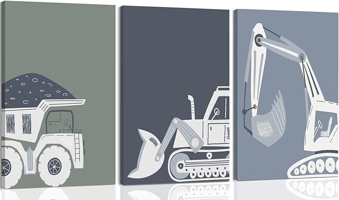 Construction Truck Kids Room Wall Art Deco Bulldozer Pictures Tractor Vehicle Poster Dump Truck Wall Art Boy Room Canvas Wall Decoration Baby Room Print Boy Bedroom 12x16 Inch 3 Piece Wrap Canvas