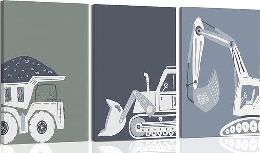 Construction Truck Kids Room Wall Art Deco Bulldozer Pictures Tractor Vehicle Poster Dump Truck Wall Art Boy Room Canvas Wall Decoration Baby Room Print Boy Bedroom 12x16 Inch 3 Piece Wrap Canvas