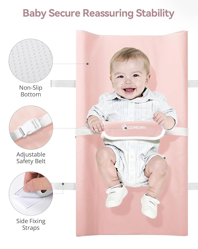 COMOMY Baby Changing Pad with Wipeable & Waterproof PU Cover, Contoured Diaper Changing Pad for Dresser with Non-Slip Safety Belt, Portable and Lightweight, Large Cushioned Foam, Pink