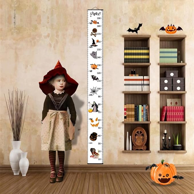 Halloween Baby Height Growth Chart - Canvas Height Chart for Kids Baby Child Toddler Boys Girls Growth Chart for Wall Room Nursery Decor Hangable and Removable Measuring Wall Ruler (B, Black Wood)
