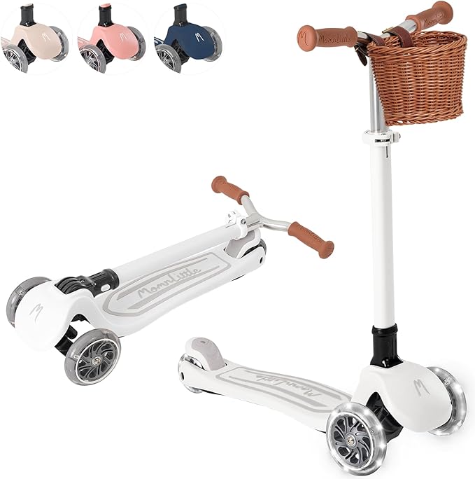 MomnLittle Kick Scooter for Kids Ages 3-10 (Beige/Pink/Navy/White) 3 Wheeled with LED Light-Up Wheels CPSC Certified Foldable and 4 Height Adjustable Toddler Scooters for Boys Girls