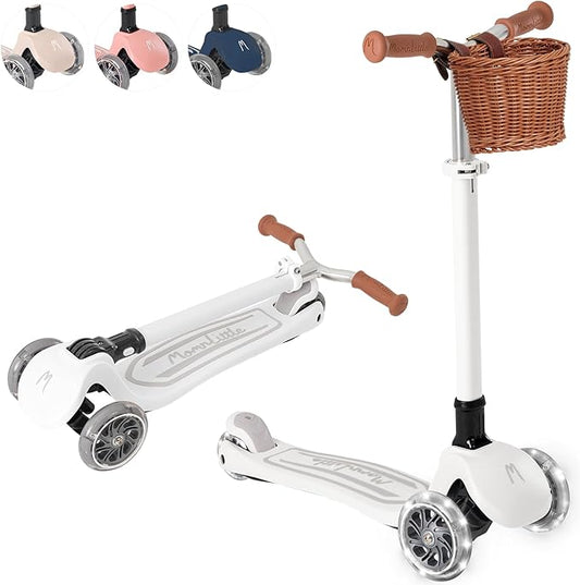 MomnLittle Kick Scooter for Kids Ages 3-10 (Beige/Pink/Navy/White) 3 Wheeled with LED Light-Up Wheels CPSC Certified Foldable and 4 Height Adjustable Toddler Scooters for Boys Girls