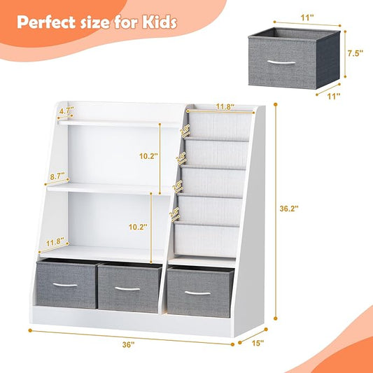 HedoAjim White Kids Bookshelf Wood Toy Storage Organizer Cabinet Children Bookcase Toddler Baby Sling Book Rack 3 Cube Bins Fabric Drawers for Playroom Bedroom Nursery School