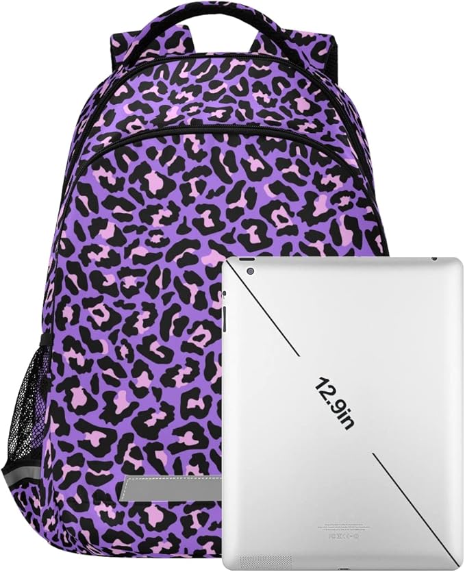 MNSRUU School Backpack with Chest Strap, Neon Purple And Pink Leopard Laptop Backpack, Travel Hiking Backpack for Boys Girls, Rucksack, Knapsack
