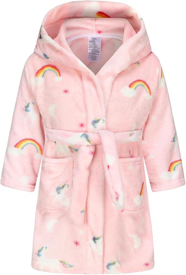 Boys Girls Robe Kids Flannel Hooded Bathrobe Sleepwear Pajamas Toddler Soft Plush Robes for Girls 2-16 Years