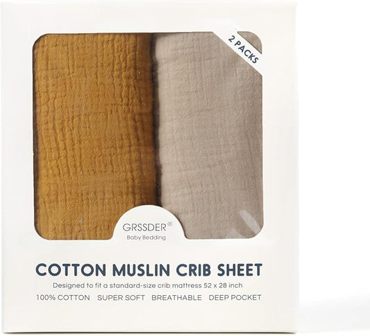 GRSSDER Soft Muslin Crib Sheet 2 Pack, 100% Cotton Crib Sheets for Boys and Girls, Fit Standard Crib Mattresses 52" x 28" Safe and Snug,Taupe/Fall Yellow