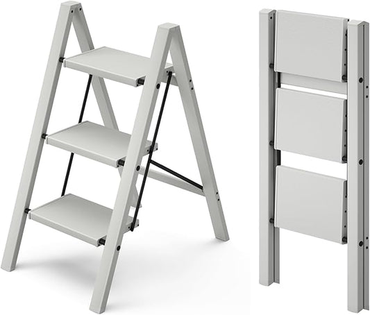 HillhutApex 3 Step Stool, Aluminum Foldable Step Ladder, Lightweight Stable Stool with Wide Non-Slip Pedals, 330lbs Bearing Capacity Ladder for Office,Home,Kitchen - Grey