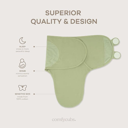 Comfy Cubs Easy Swaddle Blanket, 3 Pack - 100% Cotton Newborn Wrap, Small for 0-3 Months Infants, with Adjustable Velcro, Breathable and Durable Sleep Sack for Babies - Stone, Sage, Azul
