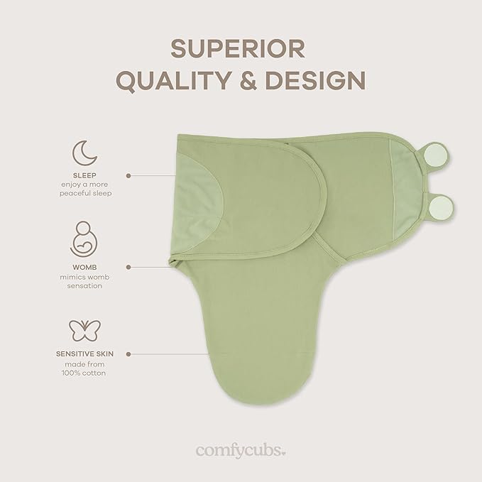 Comfy Cubs Easy Swaddle Blanket, 3 Pack - 100% Cotton Newborn Wrap, Large for 3-6 Months Infants, with Adjustable Velcro, Breathable and Durable Sleep Sack for Babies - Stone, Sage, Azul