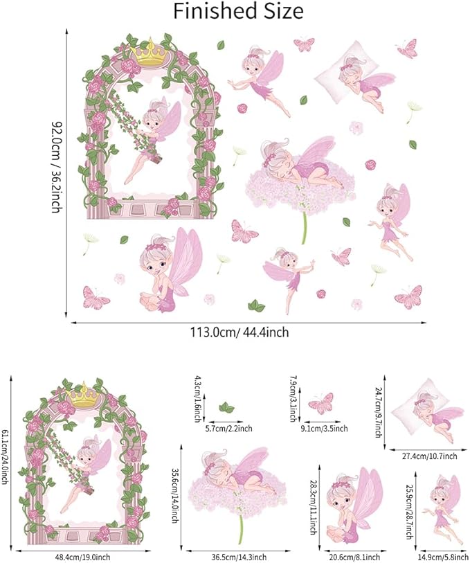 Fairy Girl Wall Decals Pink Flower Floral Butterfly Wall Stickers Baby Girl Room Wallpaper Peel and Stick Wall Art Decals for Girls Bedroom Kids Nursery Living Room