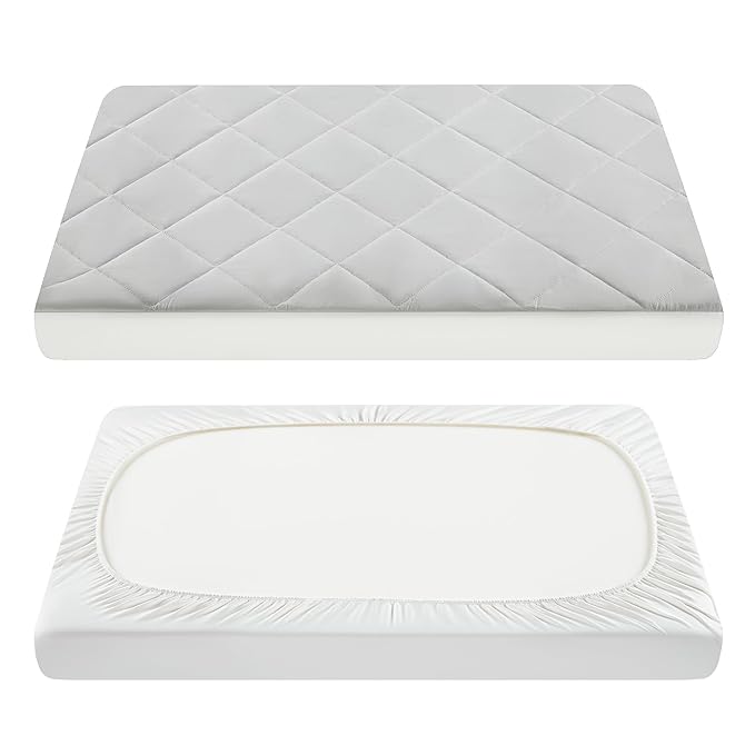 TILLYOU Pack and Play Sheets Pad - Waterproof Play Yard Playpen Sheets Pad, Soft Quilted Sheets with 1''-3'' Deep Pocket, Breathable and Fluffy, 39"x27",Light Grey