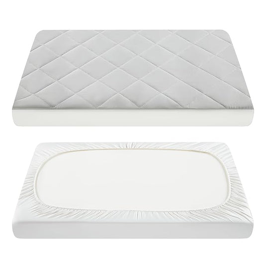 TILLYOU Pack and Play Sheets Pad - Waterproof Play Yard Playpen Sheets Pad, Soft Quilted Sheets with 1''-3'' Deep Pocket, Breathable and Fluffy, 39"x27",Light Grey
