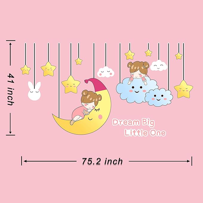 3D Stars Moon Wall Stickers for Girls Room Decor Wall Decals Peel and Stick for Girls Bedroom Large Pink Decor for Nursery Toddler Inspirational Princess Art Pictures Kids Murals Wallpaper