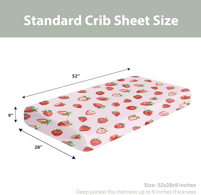 Red Strawberries Baby Crib Sheets for Boy Girl 52x28Inch Watercolor Strawberries Fruit Soft Snug Fitted Crib Mattress Cover Sweet Summer Pink Baby Sheet for Standard Crib and Toddler Bed Mattress