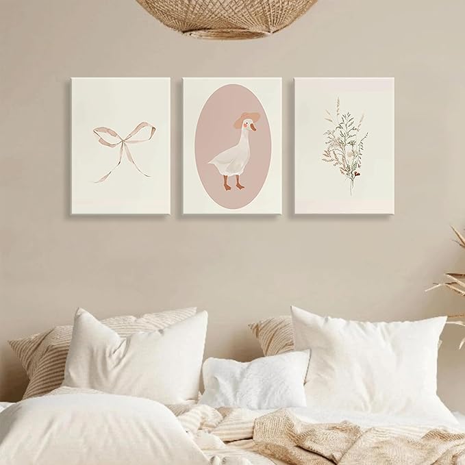3Pcs Girls Nursery Canvas Wall Art Vintage Goose Wall Decor Pictures Pink Bow Poster Prints Kids Room Painting Artwork for Girls Room Bedroom Living Room Home Decoration,16x24in