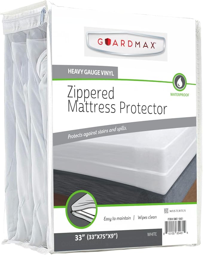 Guardmax Heavy Duty Vinyl 33 Inch Cot Zippered Mattress Encasement - Waterproof & Breathable Mattress Protector - Comfortable, Soft, and Noiseless Zippered Bedding - Dust Mite Proof (33 x 75 x 9)